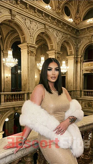 Celline – elegante acompañante de veladas en Viena Escort high class Viena Celline en vestido de gala en edificio lujoso